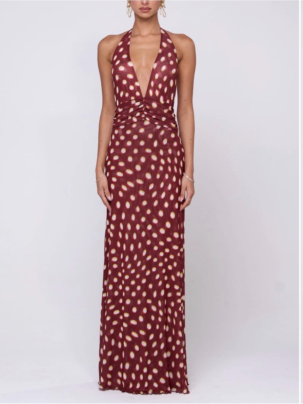 RESA Burgundy Halter Plunge Maxi with Cream Spot Print